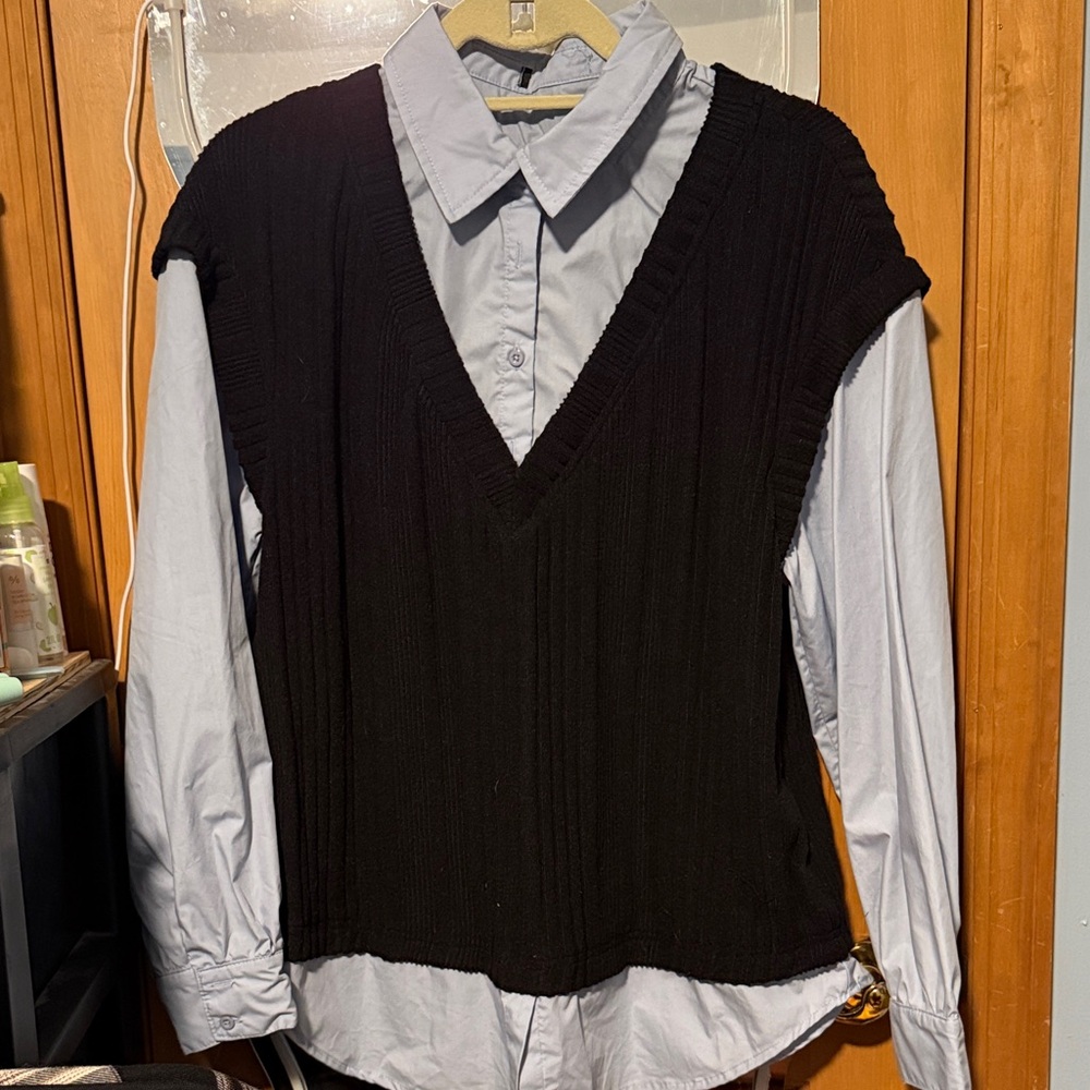 Black Knit Vest with Light Blue Shirt